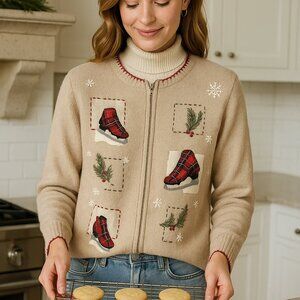 Cozy Vintage Christmas Zip Front Cardigan - Winter Motif - Tartan Plaid